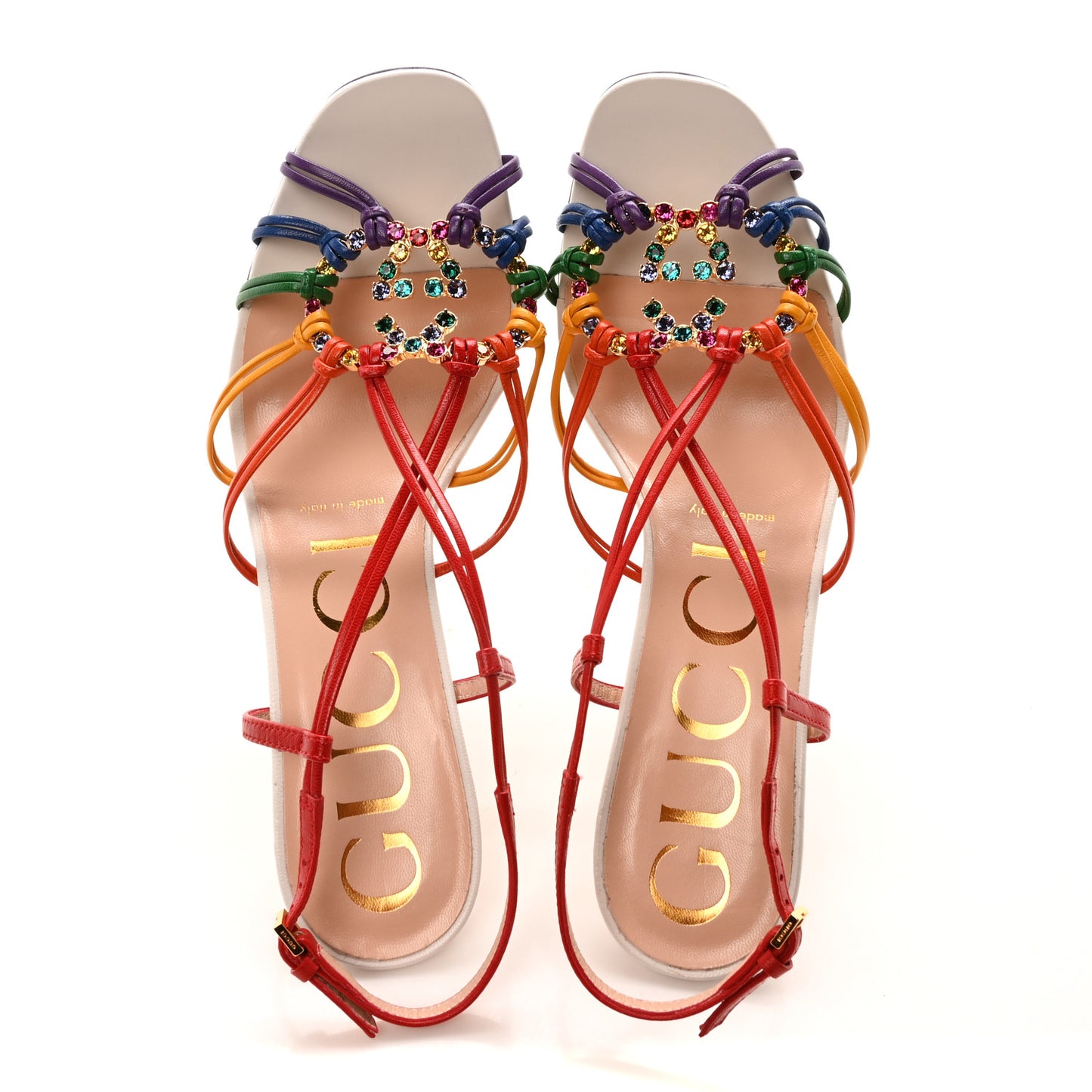 Calfskin Crystal GG Isa Ankle Strap Mid Heel Sandals 37 Multicolor