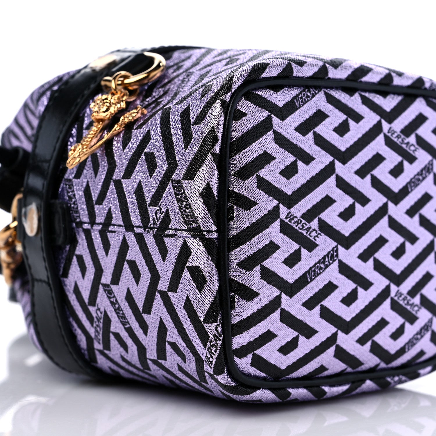 Versace Coated Canvas La Greca Glitter Print Mini Bucket Bag Orchid Black 7 of 8