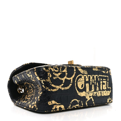 Chanel Calfskin Crocodile Embossed Graffiti 2.55 Mini Cocodile Reissue Flap Black Gold 4 of 11