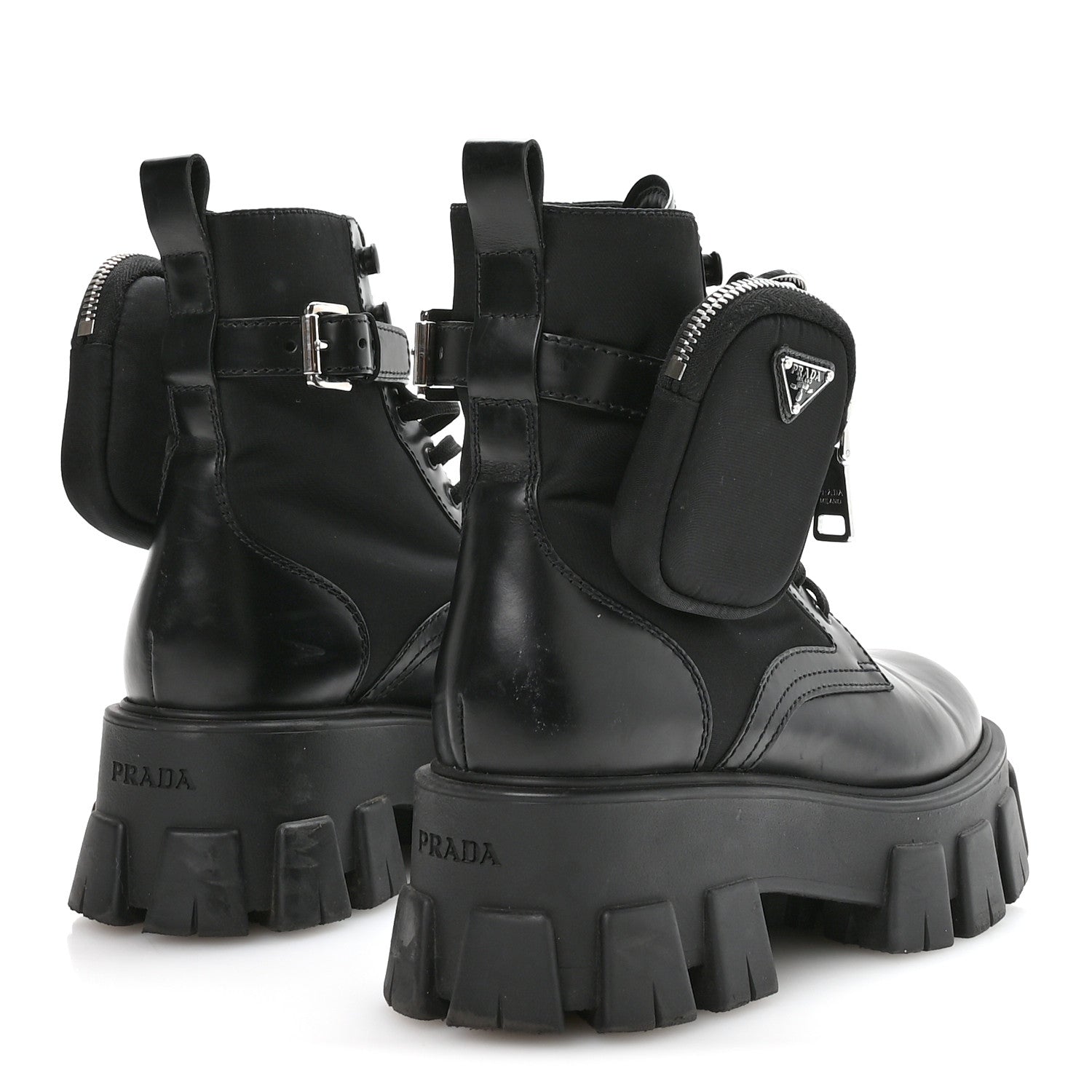 Prada Spazzolato Rois Nylon Metal Triangle Logo Monolith Pouch Pocket 55mm Boots 37 Black 10 of 16