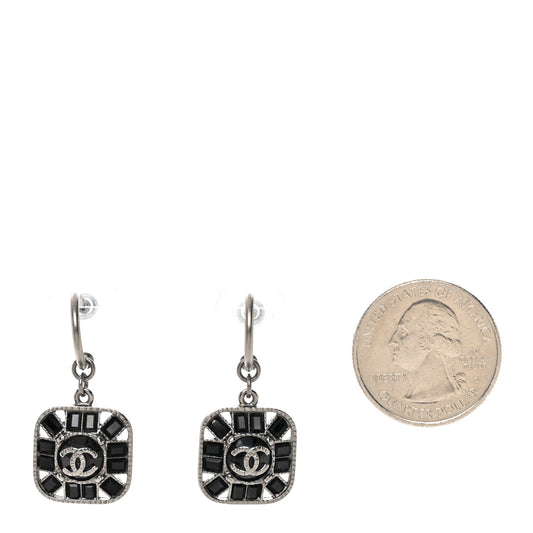 Baguette Crystal CC Drop Earrings Silver Black