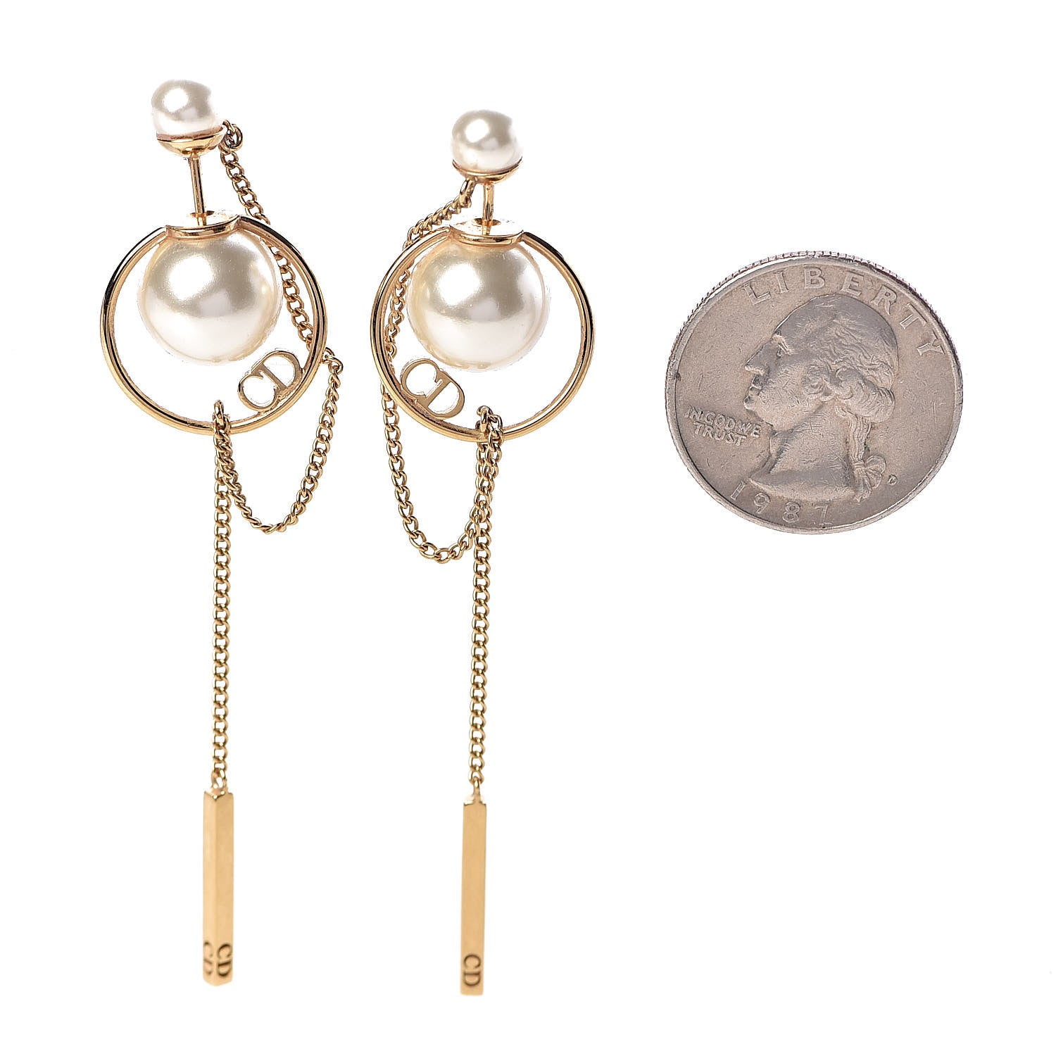 Christian Dior Pearl Tribales Dangle Chain Earrings Gold 2 of 5