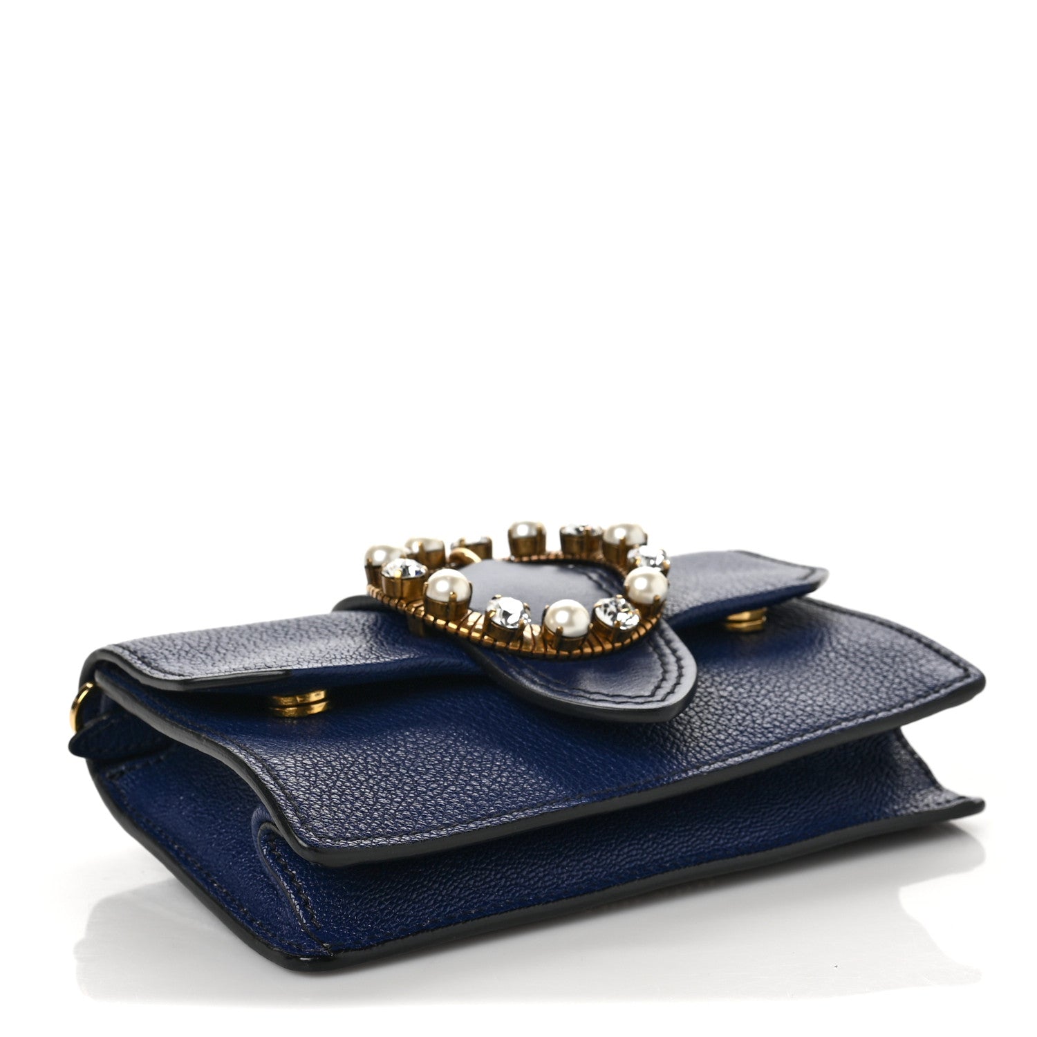 Miu Miu Goatskin Madras Soft Calfskin Crystal Pearl Embellished Shoulder Bag Inchiostro 3 of 5