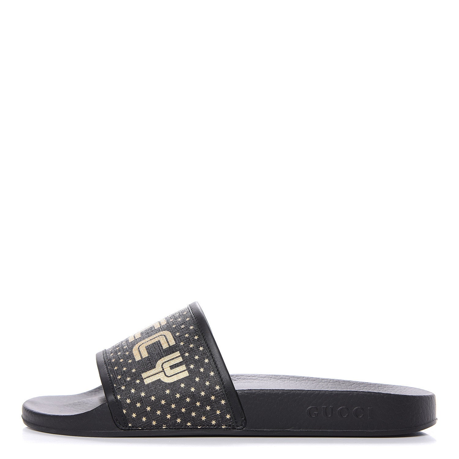 Gucci X SEGA Supreme Canvas GUCCY Stars Mens Slide Sandals 9 Black Gold 1 of 8