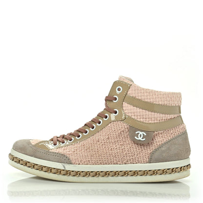 Chanel Tweed Suede Chain CC High Top Sneakers 40 Pink 1 of 9