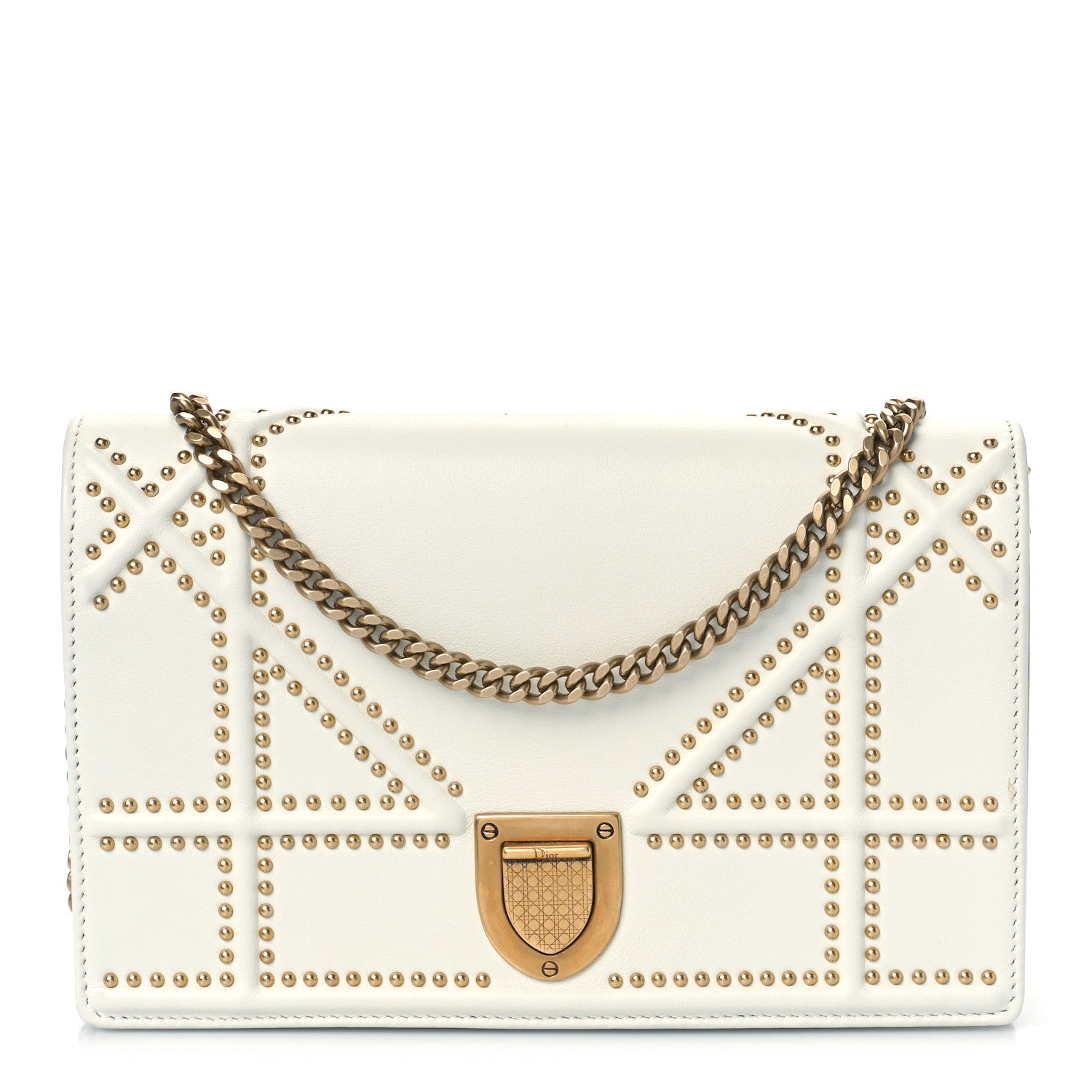 Christian Dior Calfskin Studded Diorama Wallet on Chain Pouch Off White 1 of 10