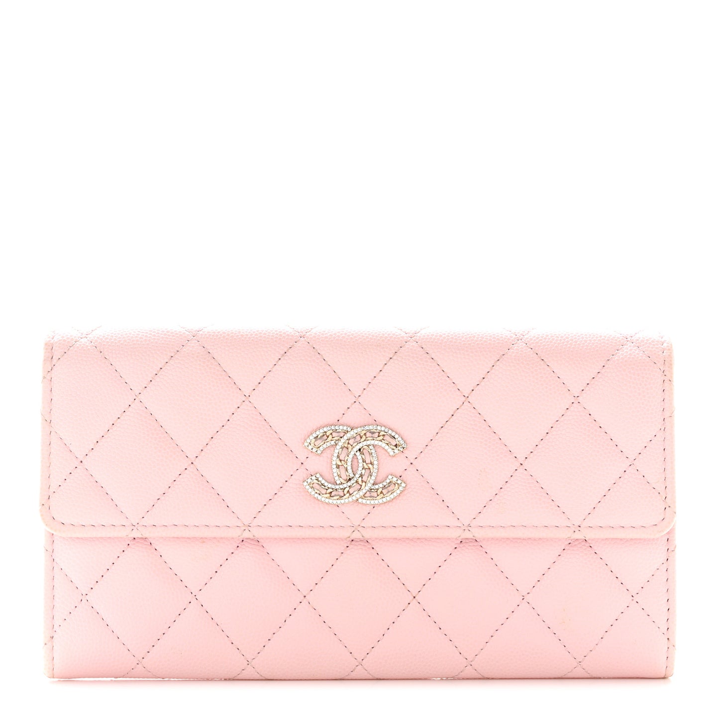 Caviar Quilted Crystal CC Large Gusset Flap Wallet Pink