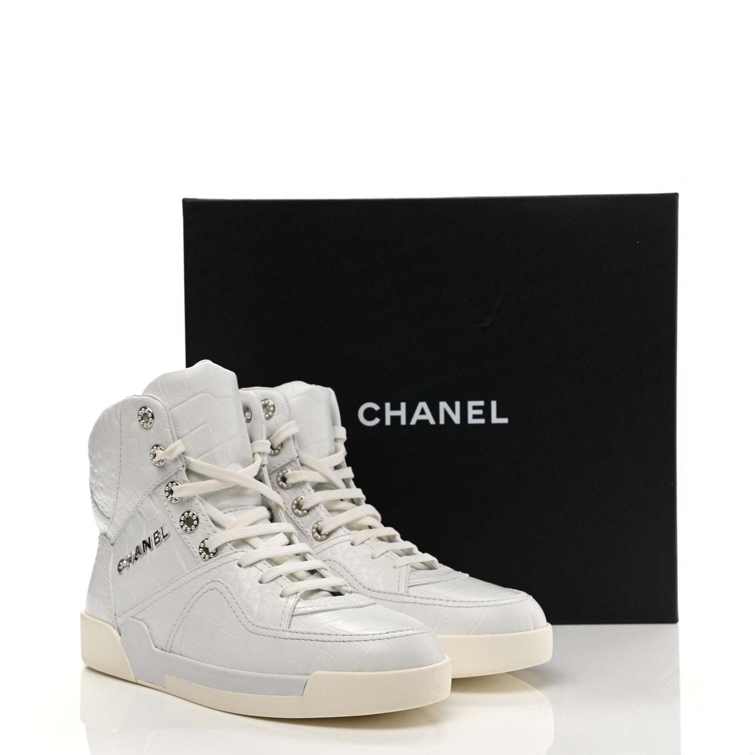 Chanel Calfskin Crocodile Embossed Cocodile High Top Sneakers 40 White 10 of 10