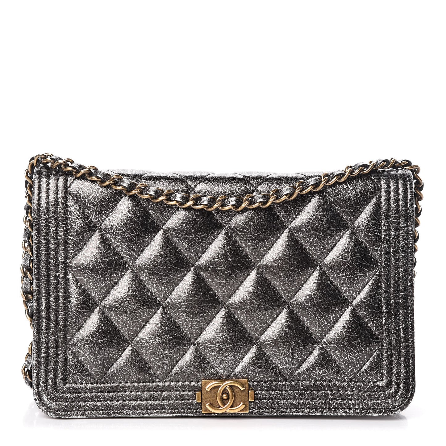 Cracked Metallic Calfskin Quilted Boy Wallet On Chain WOC Dark Silver
