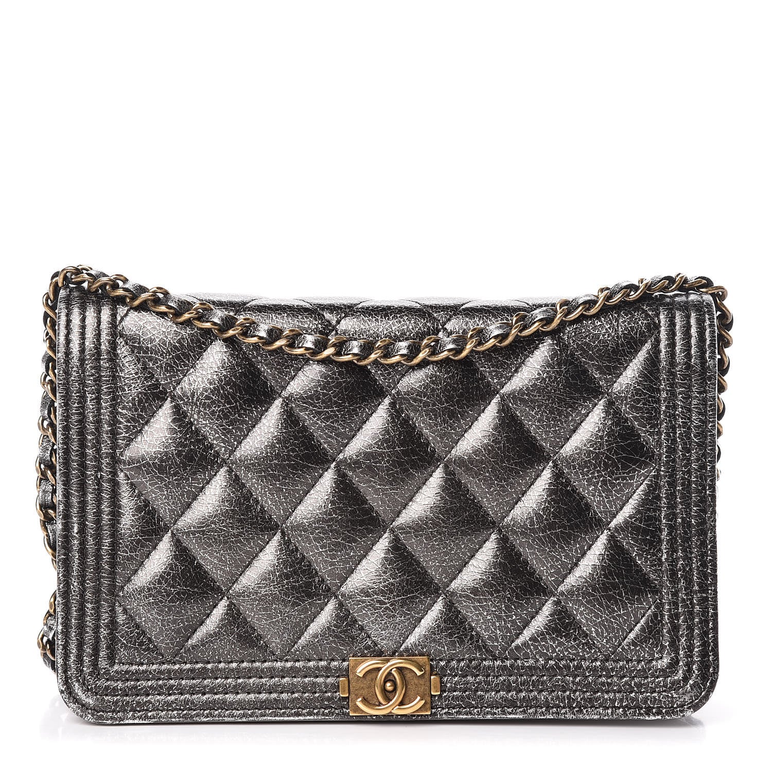 Chanel Cracked Metallic Calfskin Quilted Boy Wallet On Chain WOC Dark Silver 1 of 19