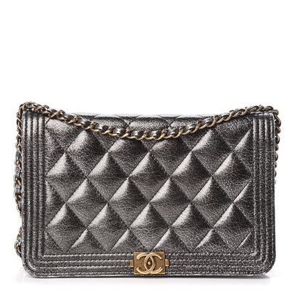 Chanel Cracked Metallic Calfskin Quilted Boy Wallet On Chain WOC Dark Silver 1 of 19