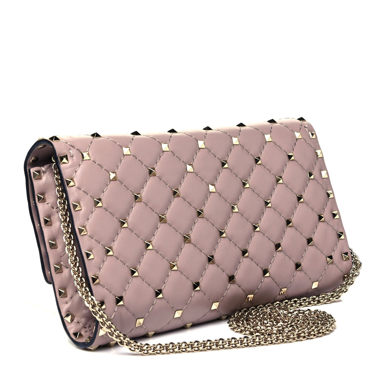 Lambskin Rockstud Spike Wallet on Chain Poudre