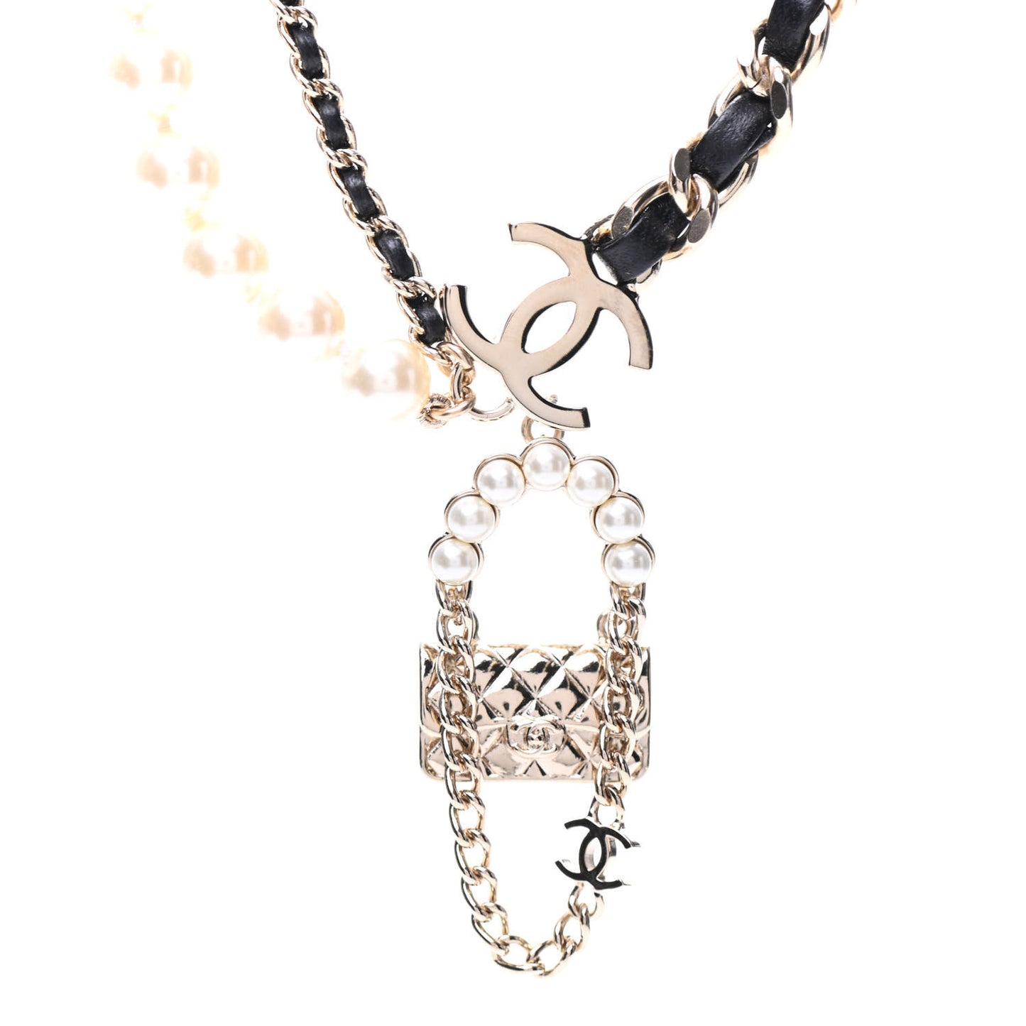 Lambskin Pearl Quilted Flap Necklace Gold Black Pearly White