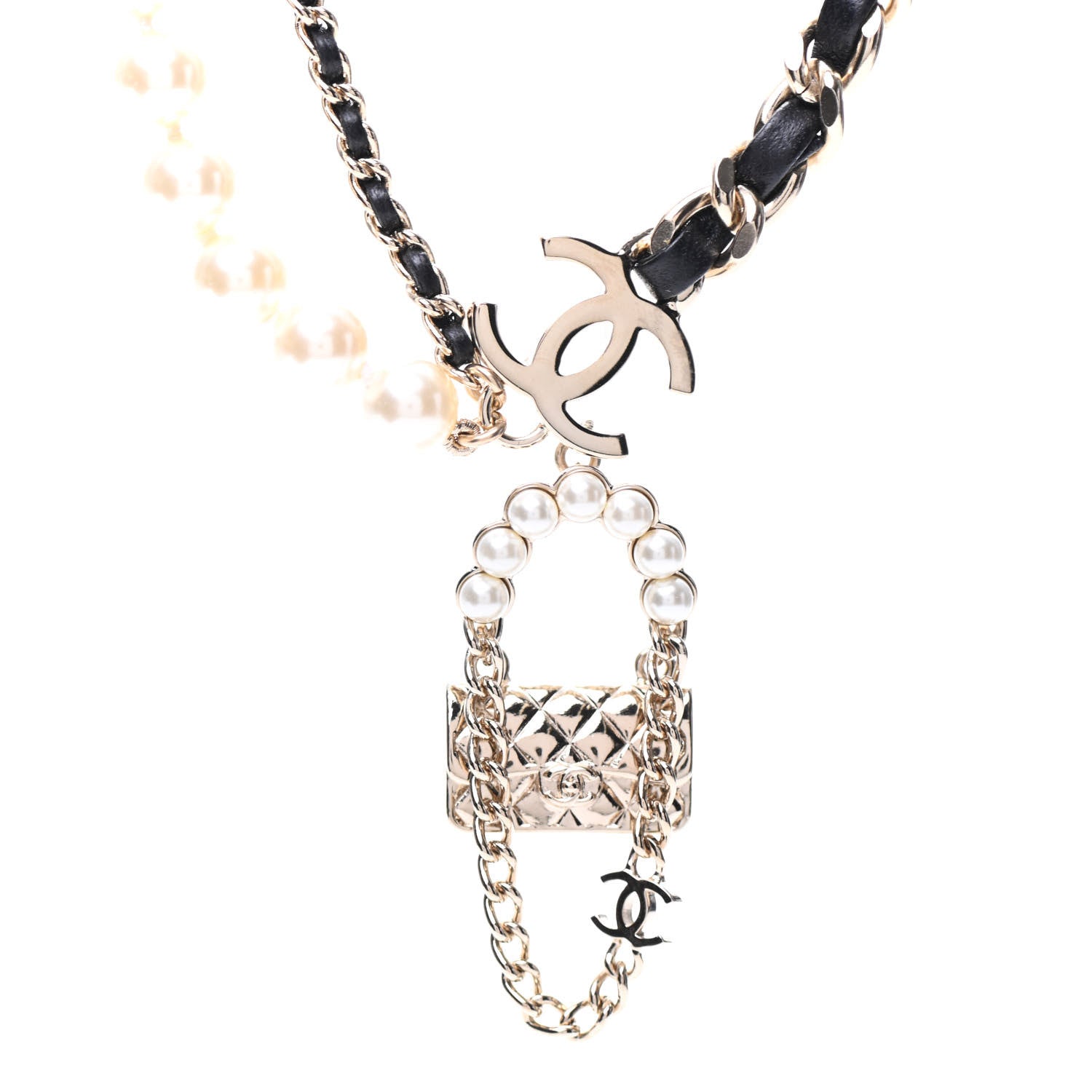 Chanel Lambskin Pearl Quilted Flap Necklace Gold Black Pearly White 4 of 6