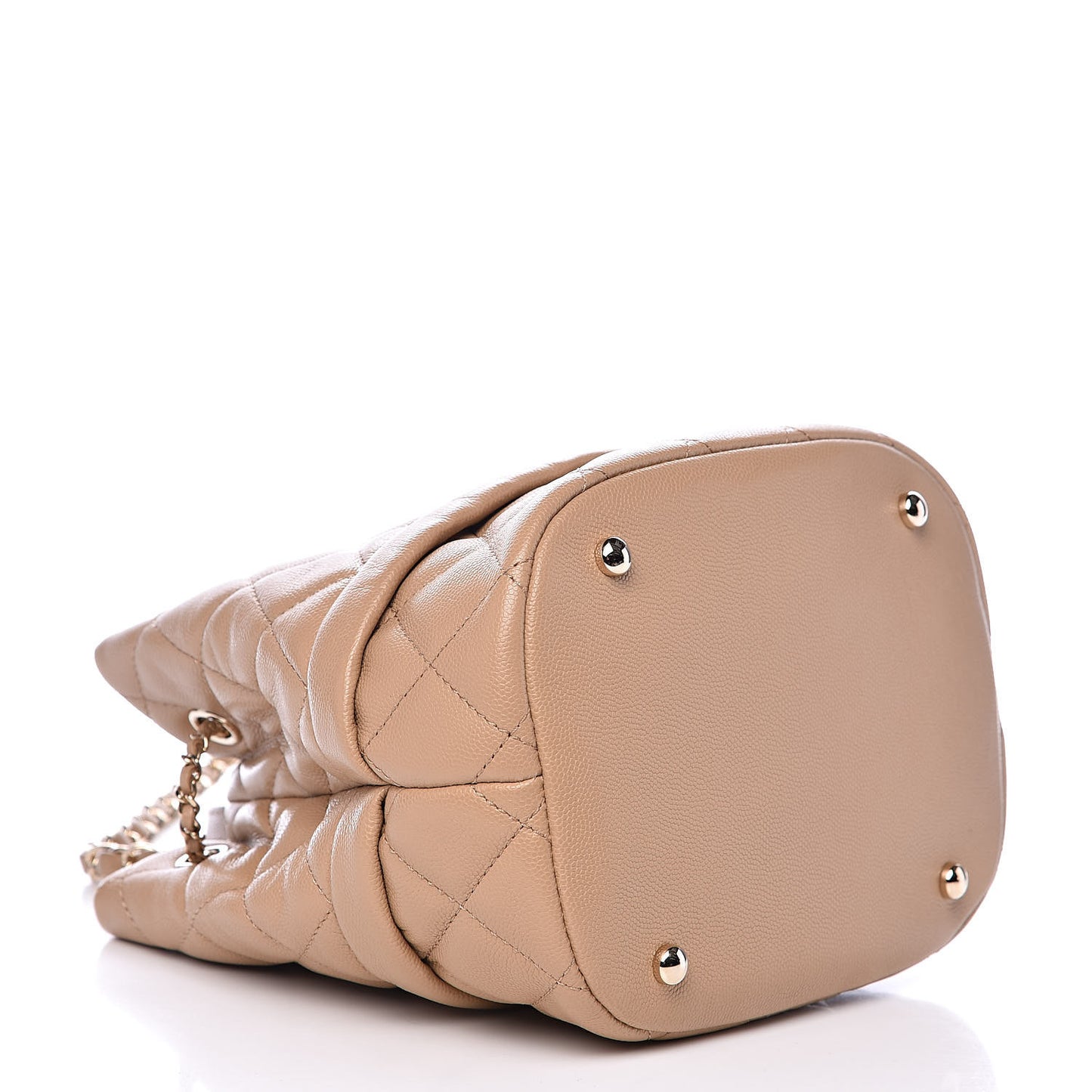 Caviar Quilted Rolled Up Bucket Drawstring Bag Beige