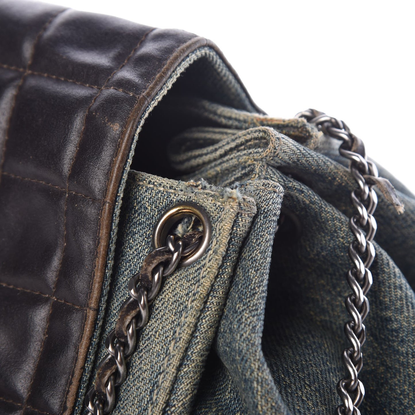 Denim Lambskin Chocolate Bar Accordion Flap Brown