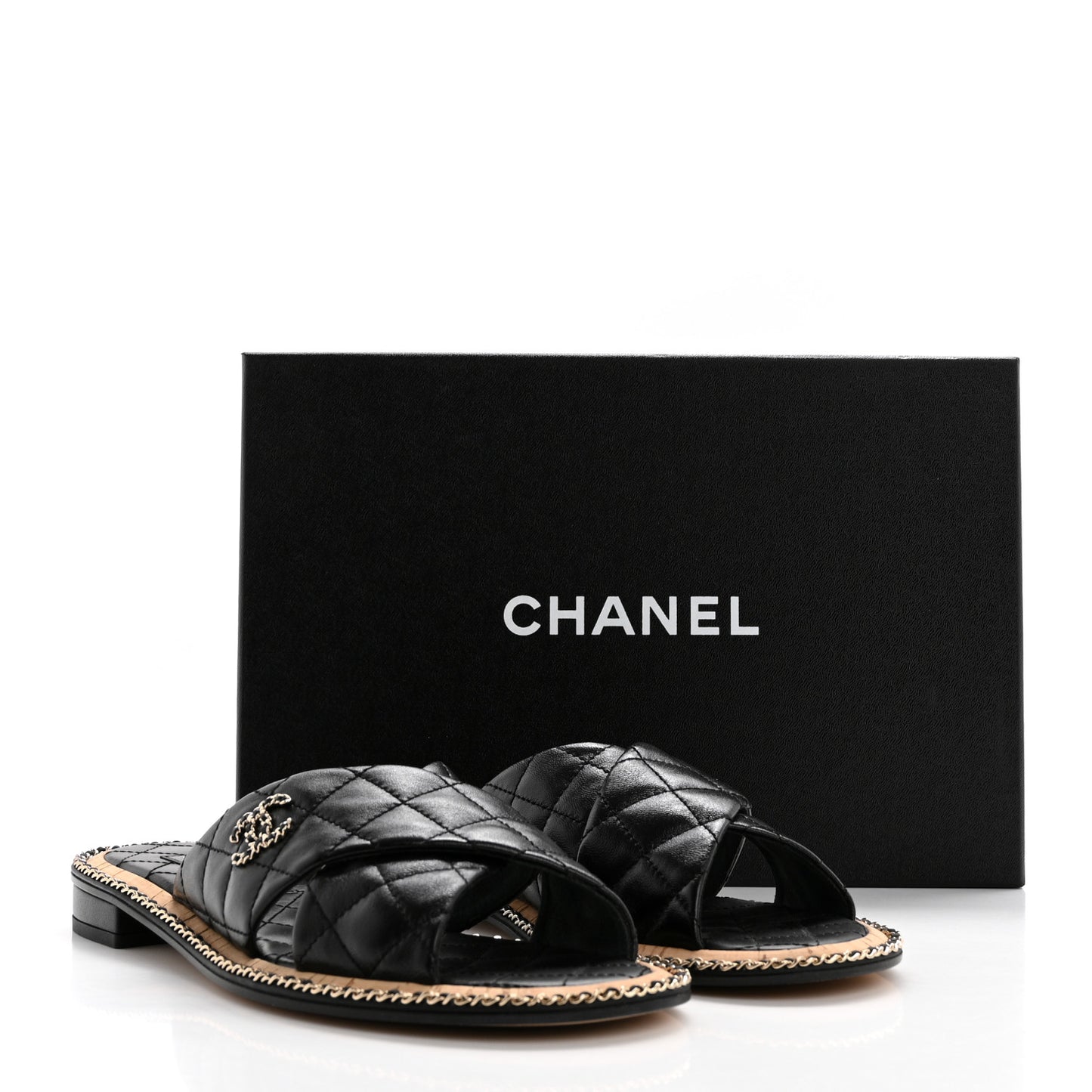 Lambskin Quilted Chain CC Sandals 40 Black