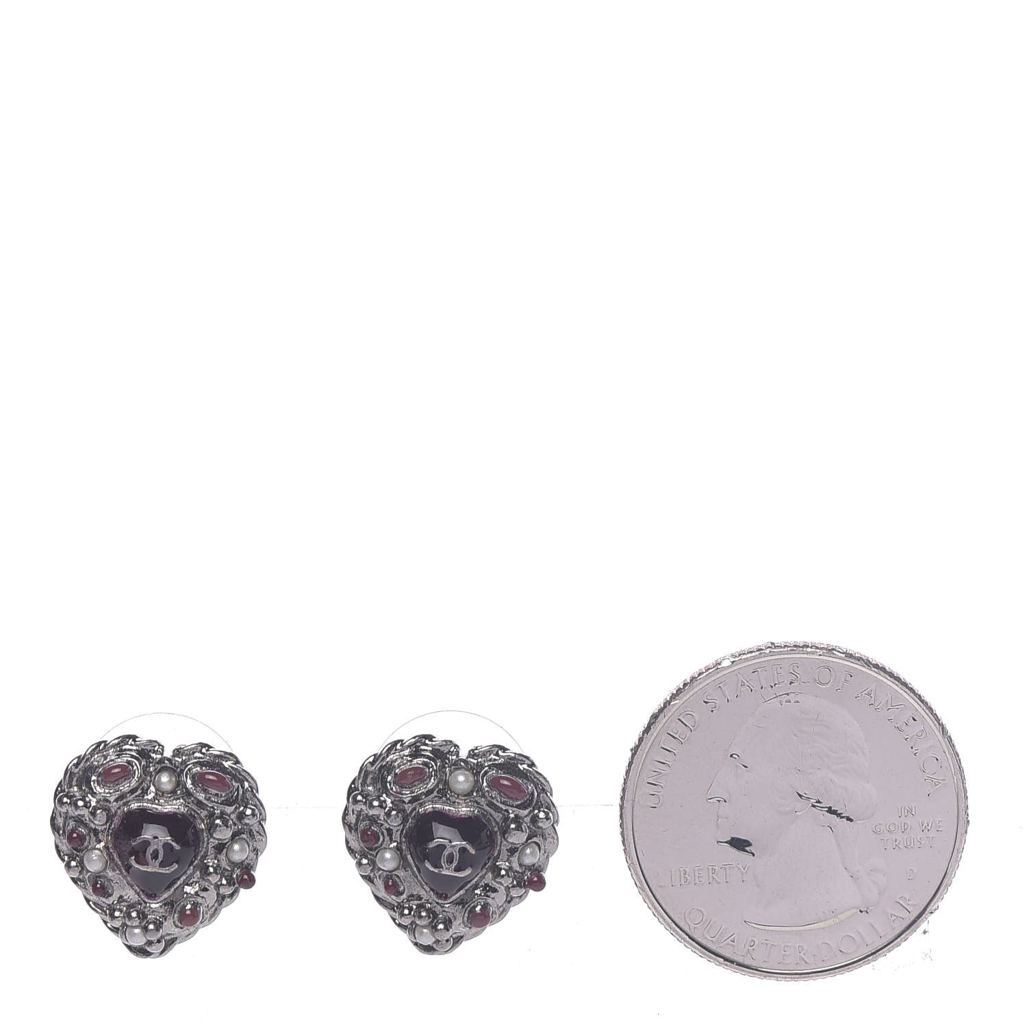 Chanel Pearl Enamel Heart CC Earrings Black Silver 2 of 5