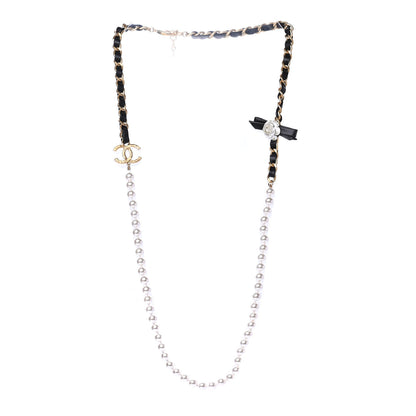 Chanel Calfskin Pearl Chain 90's Camellia Long Necklace Black Gold 2 of 5