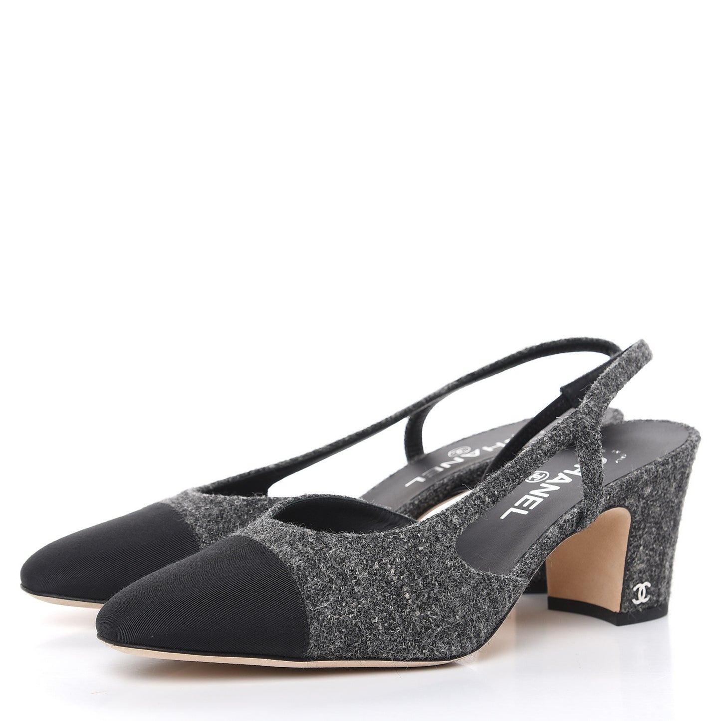 Tweed Grosgrain Cap Toe CC Slingback Pumps 40.5 Black Dark Grey