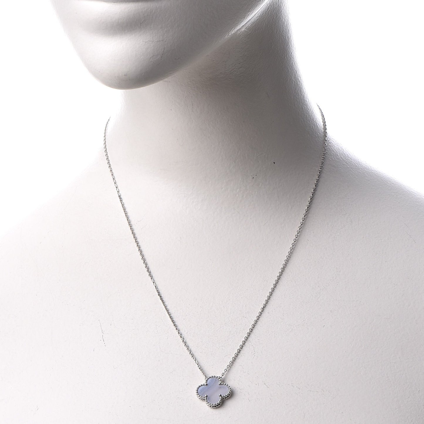 18K White Gold Chalcedony Vintage Alhambra Pendant Necklace