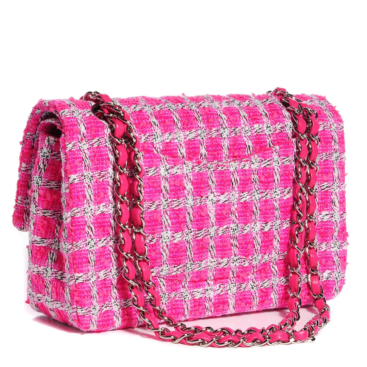 Tweed Medium Double Flap Fuchsia White