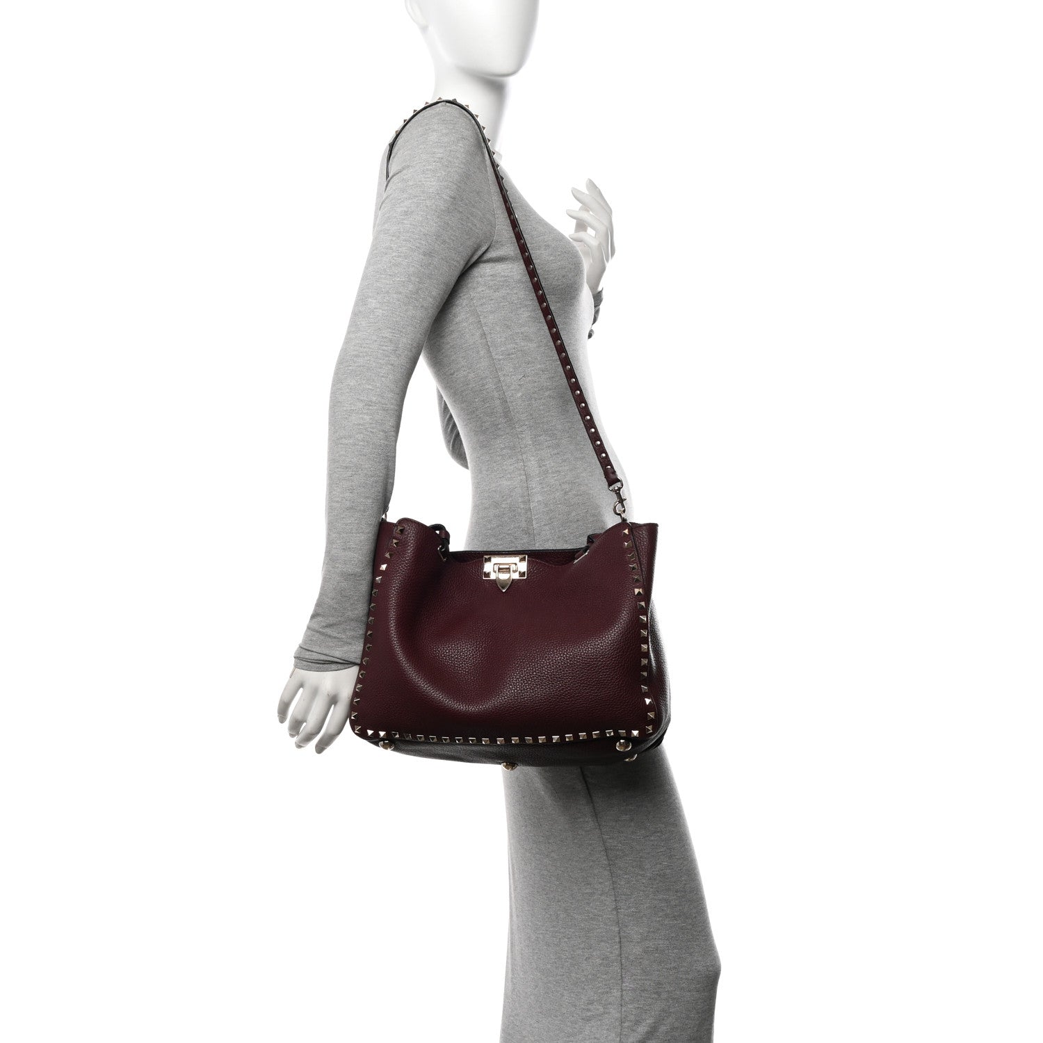 Valentino Garavani Pebbled Calfskin Medium Rockstud Tote Rubin 2 of 9