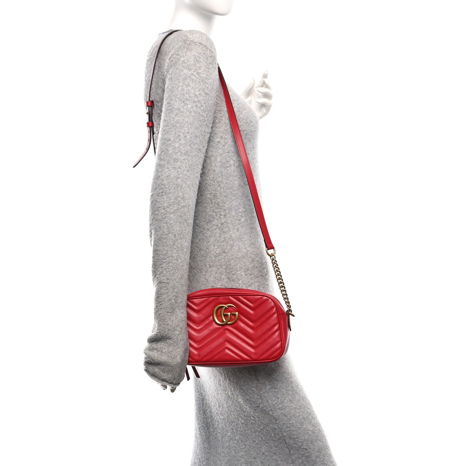 Gucci Calfskin Matelasse Small GG Marmont Chain Shoulder Bag Hibiscus Red 2 of 11