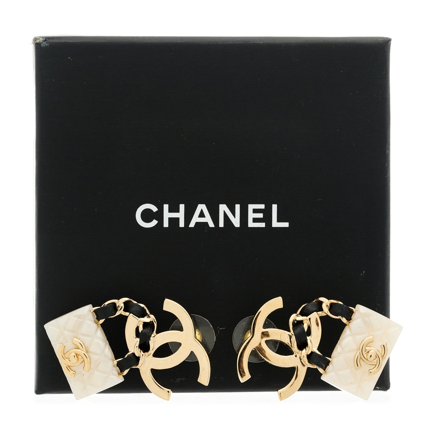 Lambskin Metal Resin CC Quilted Flap Earrings Gold Black White