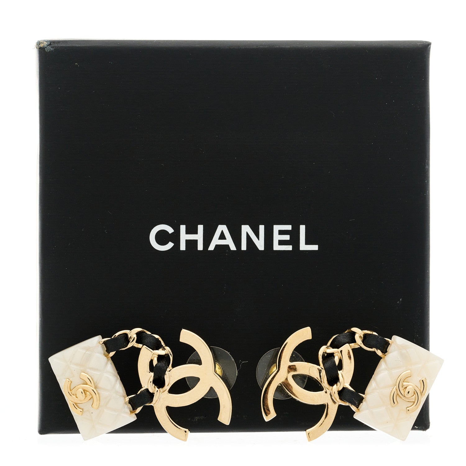 Chanel Lambskin Metal Resin CC Quilted Flap Earrings Gold Black White 5 of 5