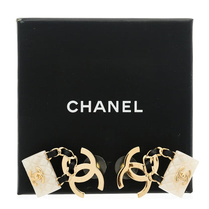 Chanel Lambskin Metal Resin CC Quilted Flap Earrings Gold Black White 5 of 5