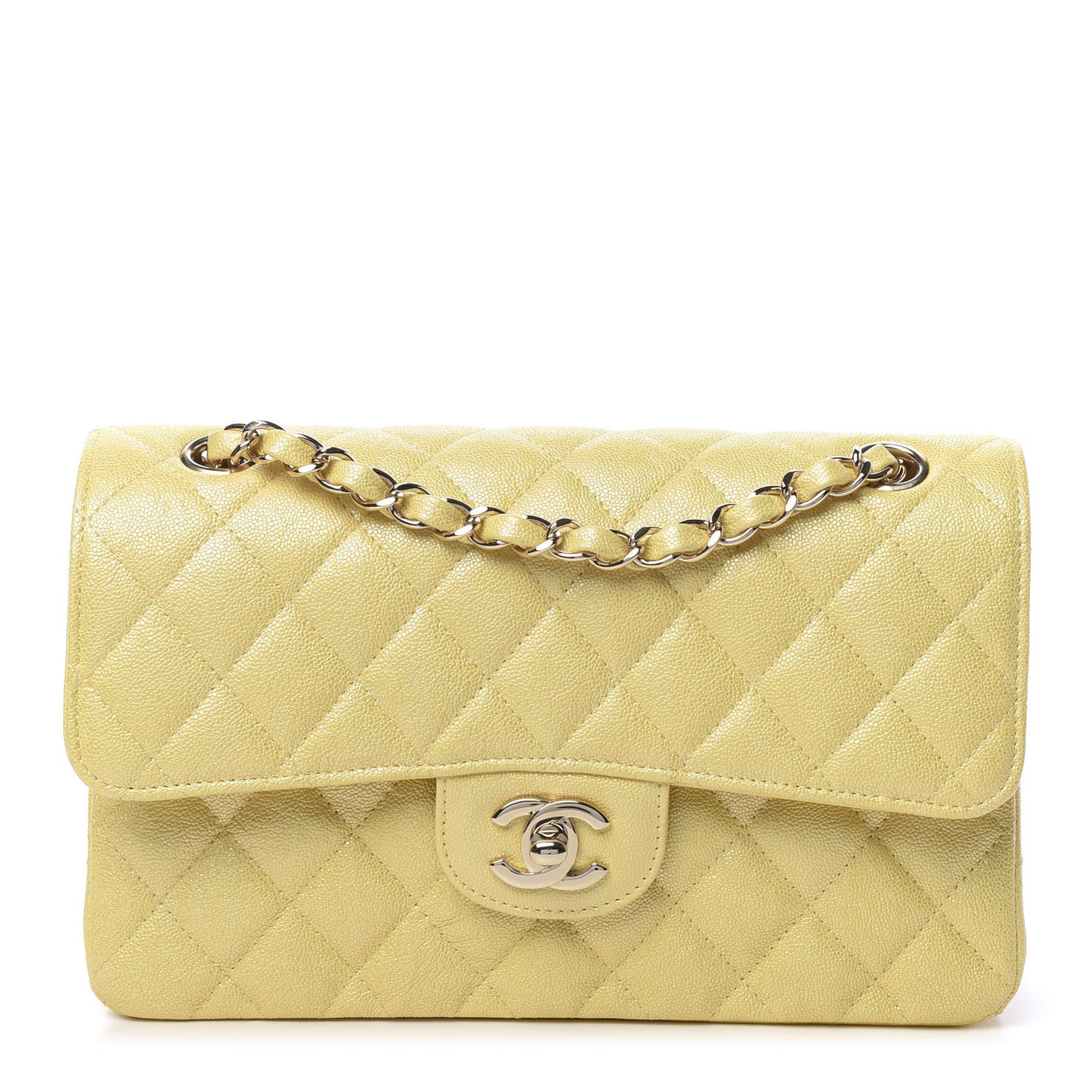 Iridescent Caviar Quilted Small Double Flap Yellow