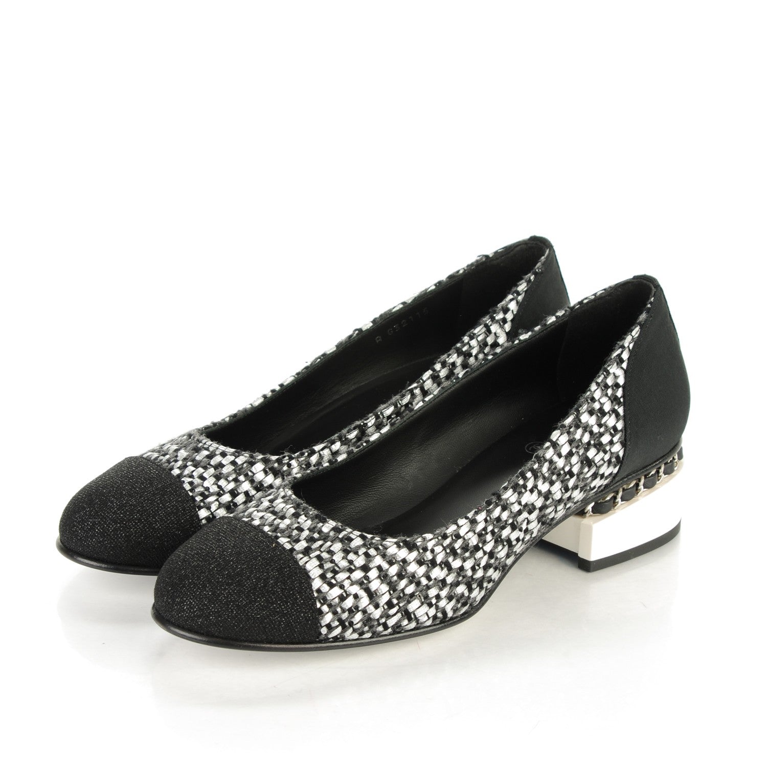Chanel Tweed Grosgrain Chain Cap Toe Low Heel Pumps 38.5 Silver Black 3 of 7
