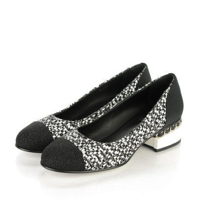 Chanel Tweed Grosgrain Chain Cap Toe Low Heel Pumps 38.5 Silver Black 3 of 7