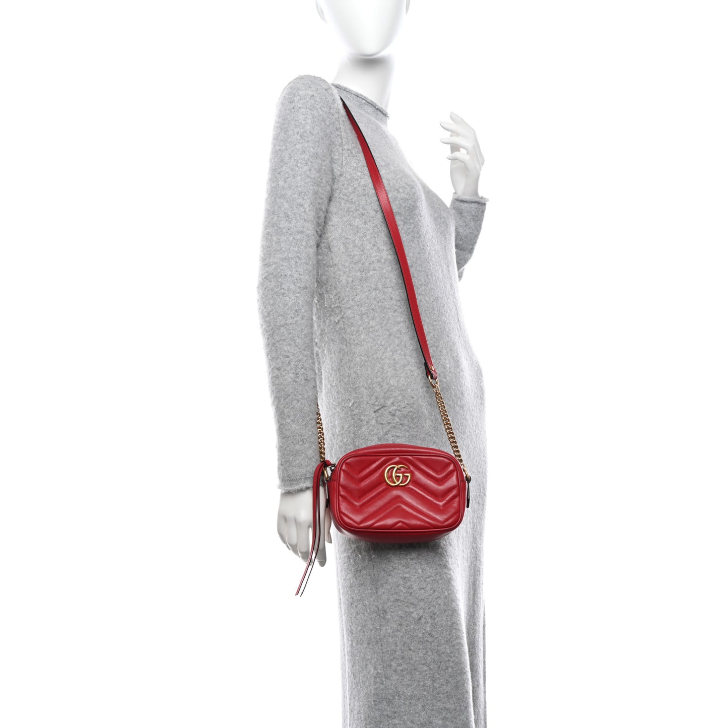 Calfskin Matelasse Mini GG Marmont Chain Shoulder Bag Hibiscus Red