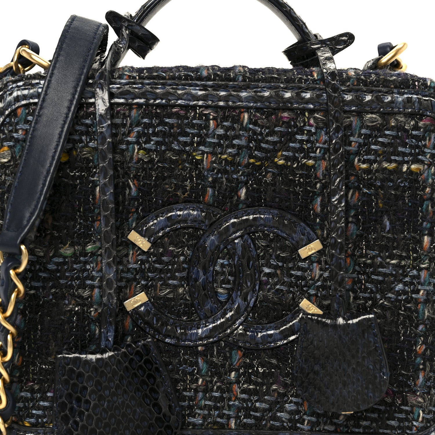 Chanel Tweed Snakeskin Quilted Medium CC Filigree Vanity Case Dark Navy 8 of 10
