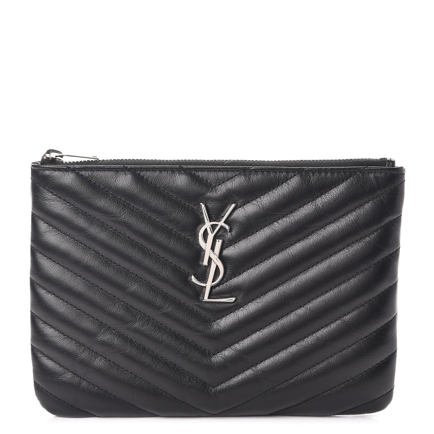 Calfskin Matelasse Chevron Monogram Pouch Black