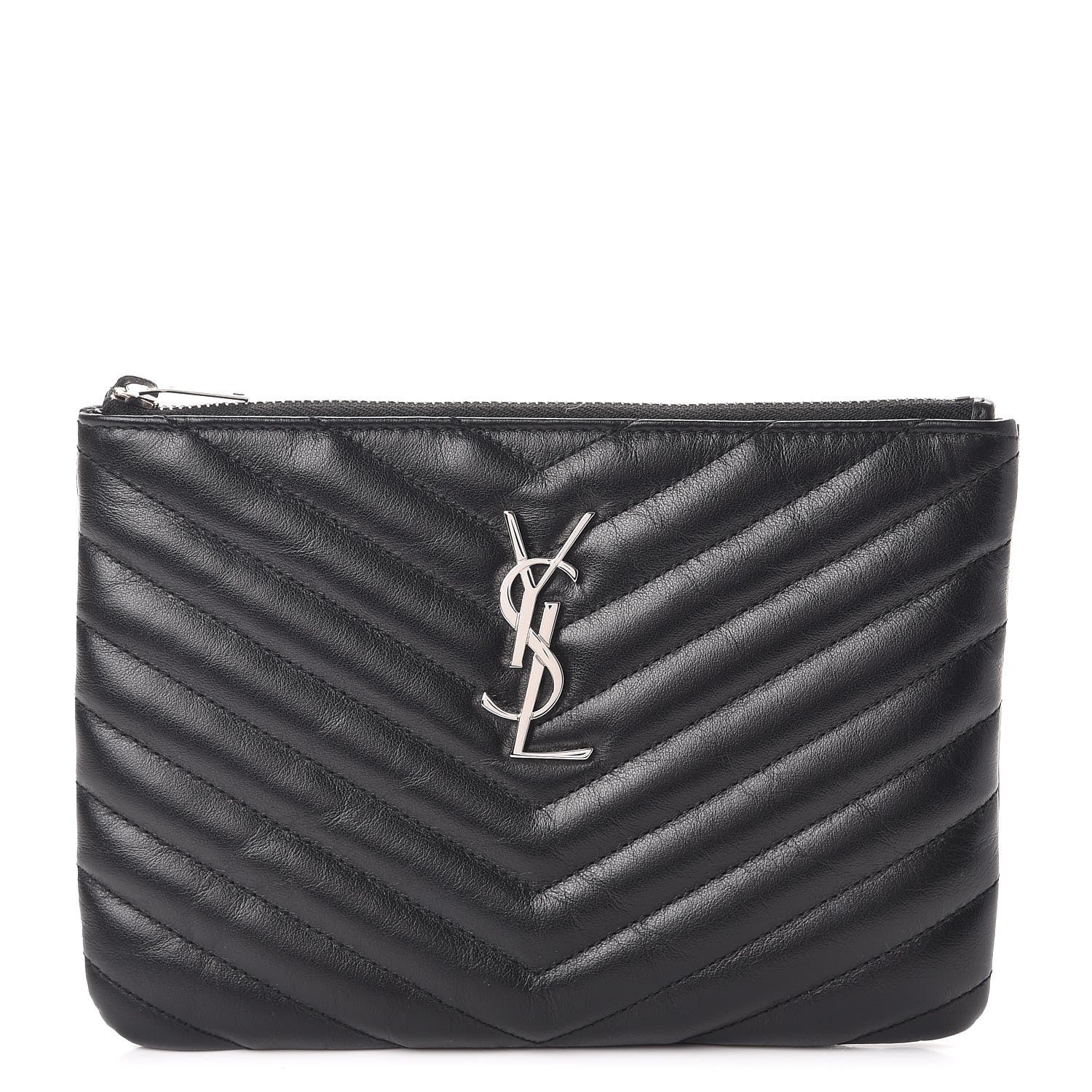 Saint Laurent Calfskin Matelasse Chevron Monogram Pouch Black 1 of 7