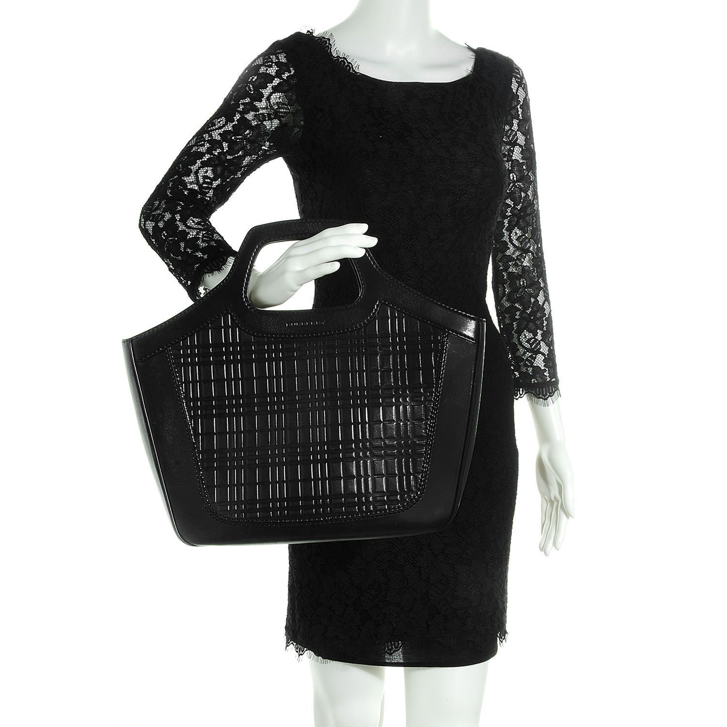 Leather Check Embossed Tote Black