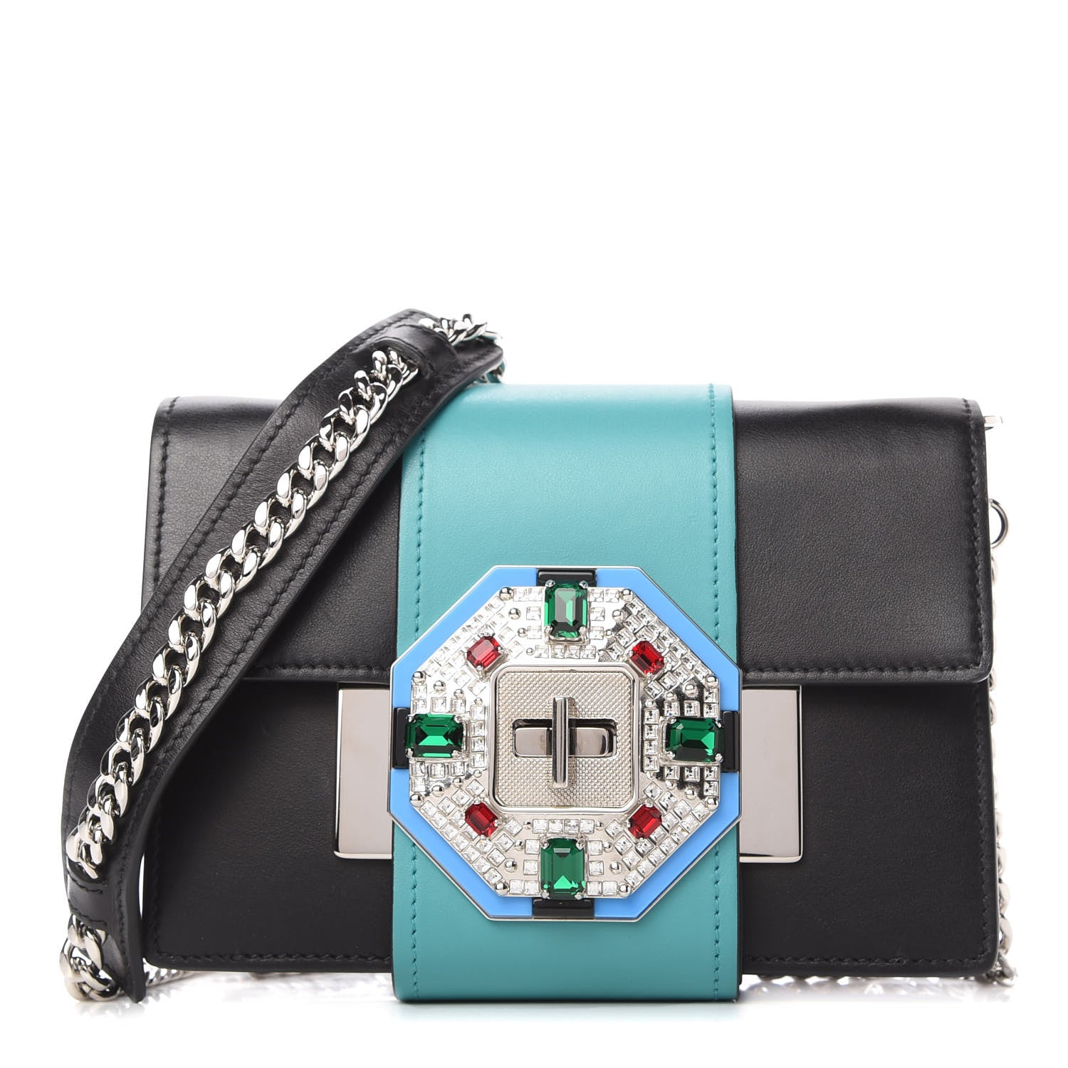 Prada City Calf Crystal Embellished Ribbon Bag Black Jade 1 of 10