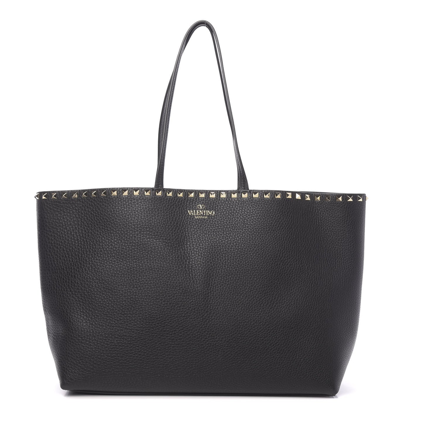 Grained Calfskin Rockstud Shoulder Tote Black