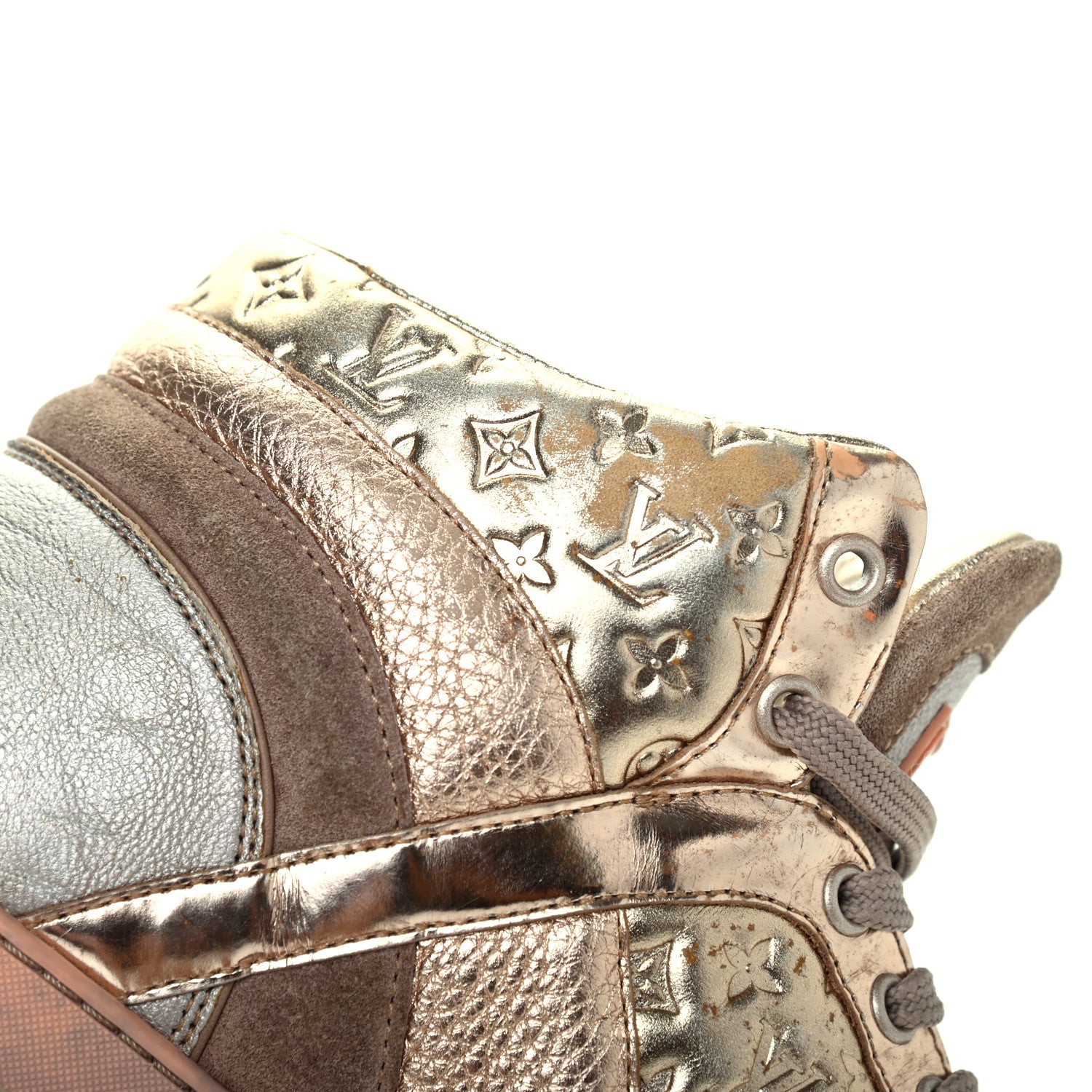 Louis Vuitton Calfskin Embossed Monogram High Top Sneakers 36 Gold 10 of 18