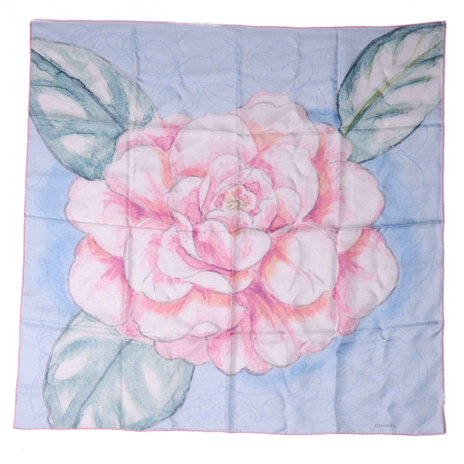 Chanel Silk Watercolor Camellia Flower Scarf Coral Blue 2 of 5