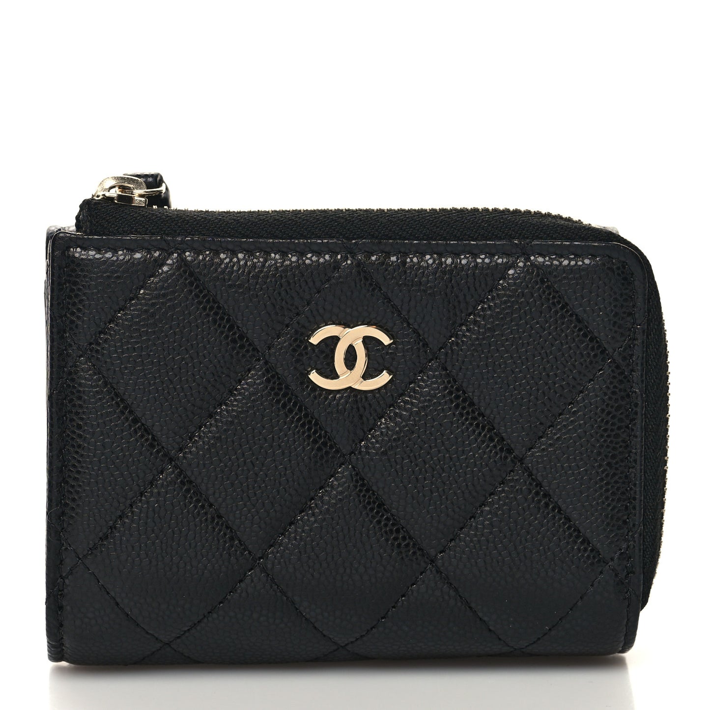 Caviar Quilted CC Zip Compact Trifold Wallet Black
