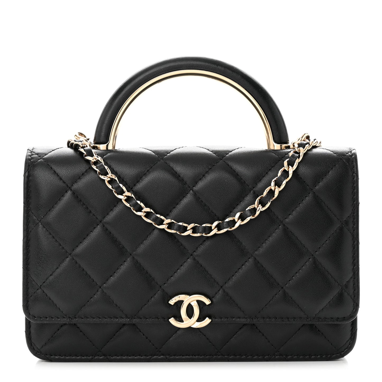 Lambskin Quilted Top Handle Wallet On Chain WOC Black