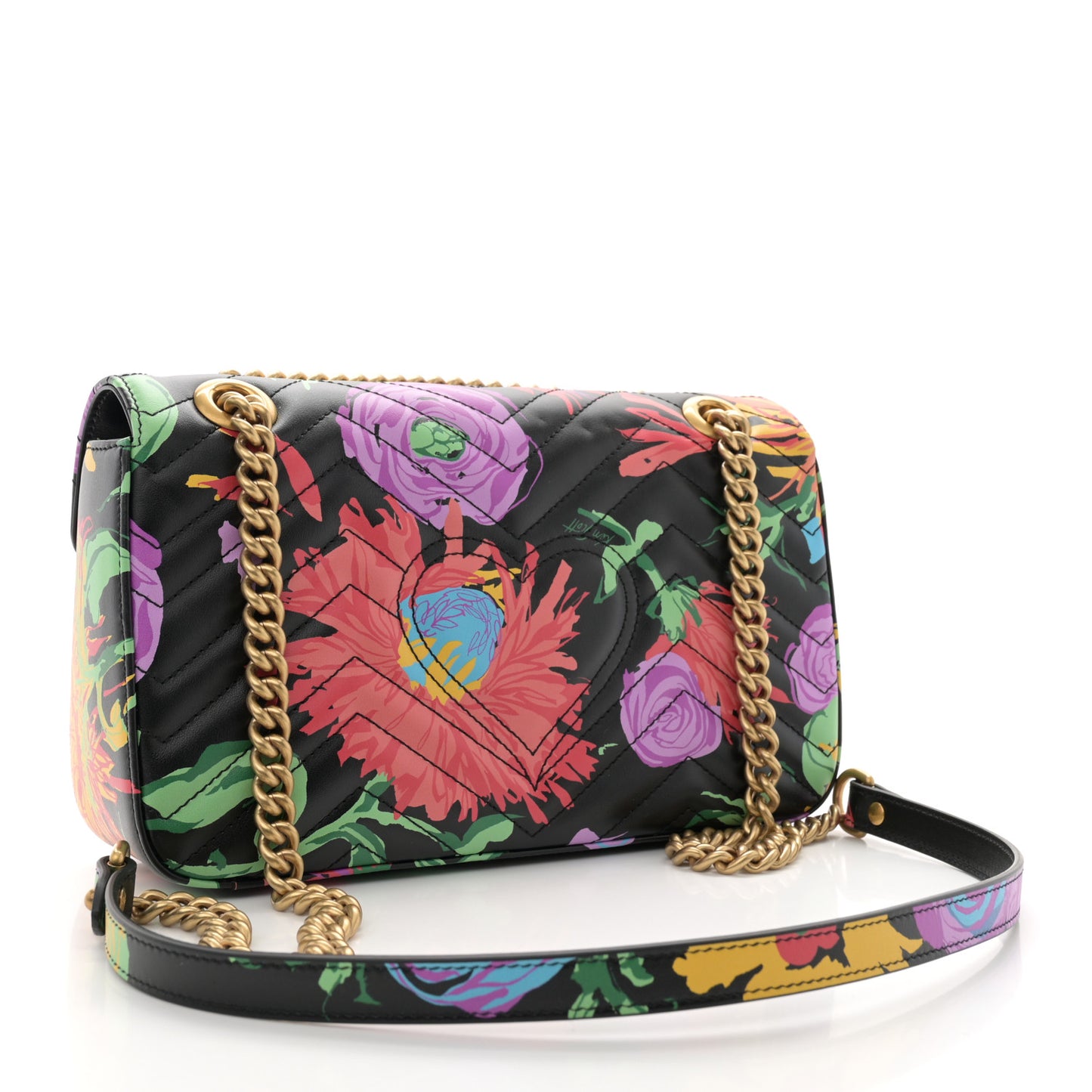 X KEN SCOTT Calfskin Matelasse Floral Small GG Marmont Shoulder Bag Black