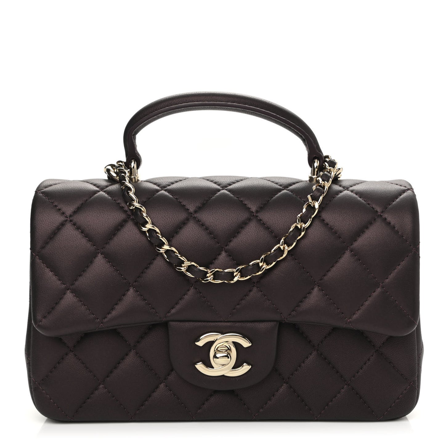 Iridescent Lambskin Quilted Mini Top Handle Rectangular Flap Burgundy