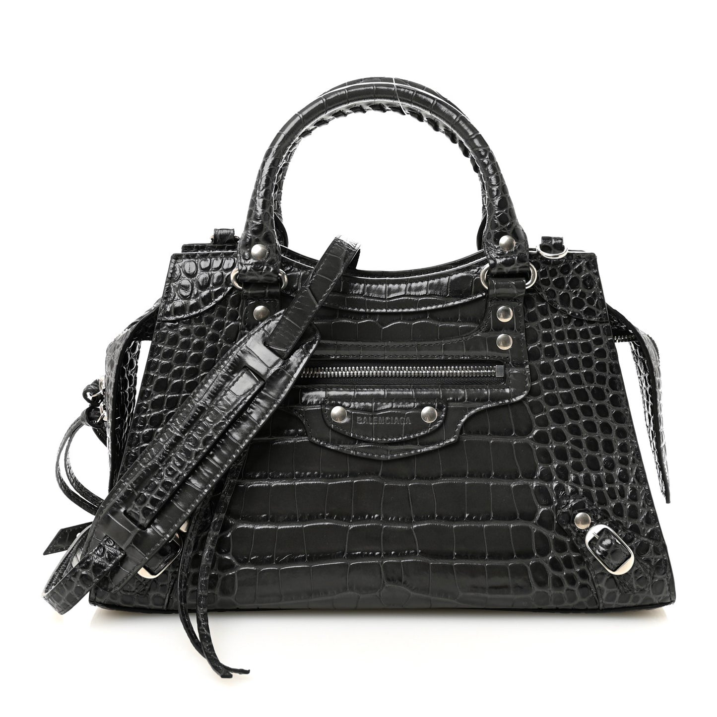 Shiny Supple Calfskin Crocodile Embossed Neo Classic Silver Hardware S City Dark Grey