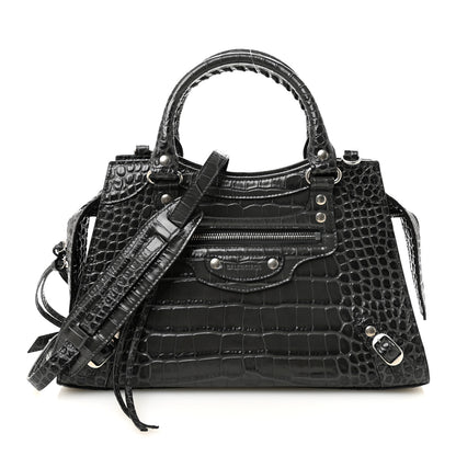 Balenciaga Shiny Supple Calfskin Crocodile Embossed Neo Classic Silver Hardware S City Dark Grey 1 of 9