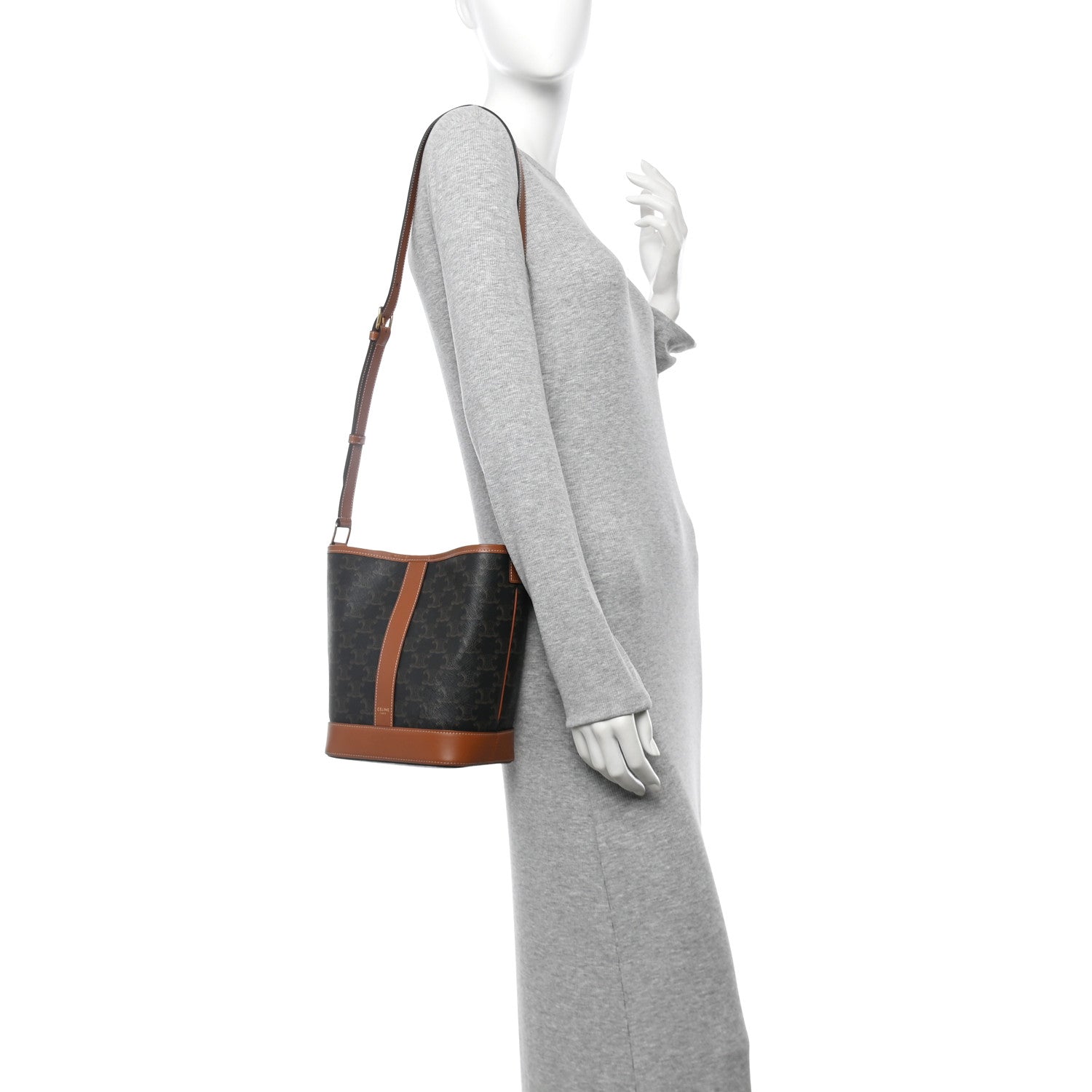 Celine Triomphe Canvas Calfskin Small Bucket Bag Tan 2 of 10